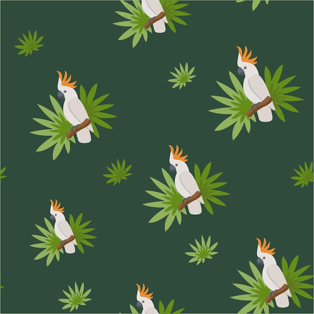 Pattern of cartoon bright cockatoo perrot with tropical leaves on the dark background