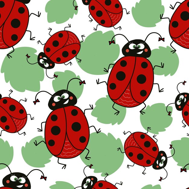 Coccinella divertente del fumetto senza cuciture con fiocchi e foglie