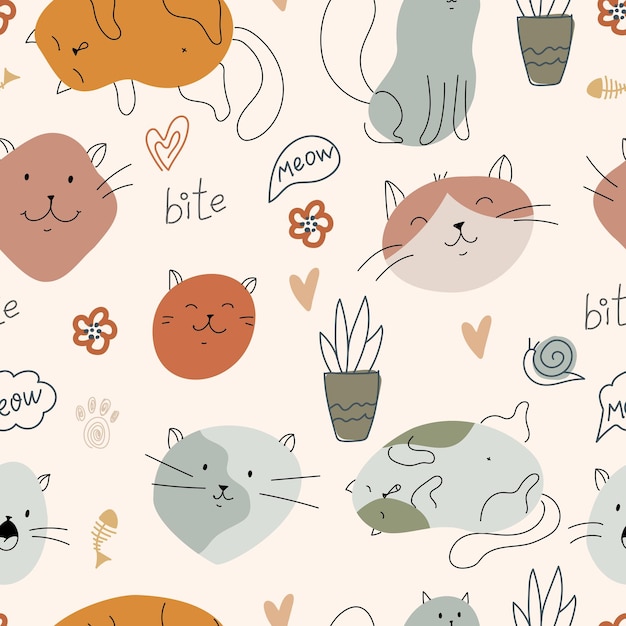 Vector pattern of cats paw prints and balls of yarn print in pastel colors with funny animals pets drawing by hand seamless pattern vector illustration