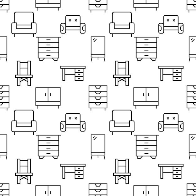 Vector pattern of chair mirror and other furnitures made of various line icons