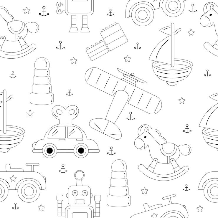 Vector pattern of children toys in style outline black color vector car robot boat
