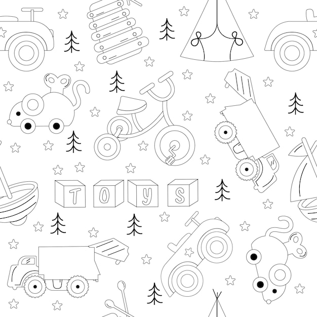 Pattern of children toys in style outline black color Vector