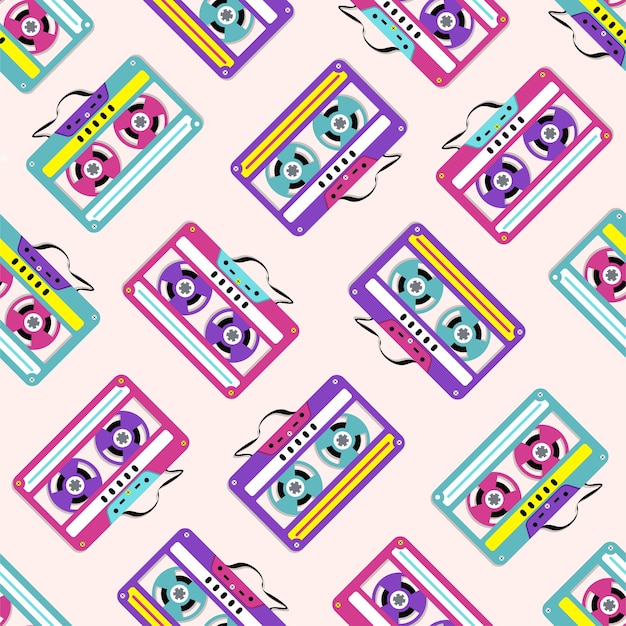 Pattern of collection of colorful plastic audio cassette tapes.