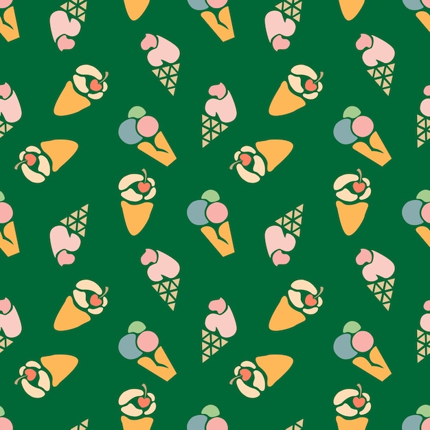 Pattern of colored stylized ice cream on green