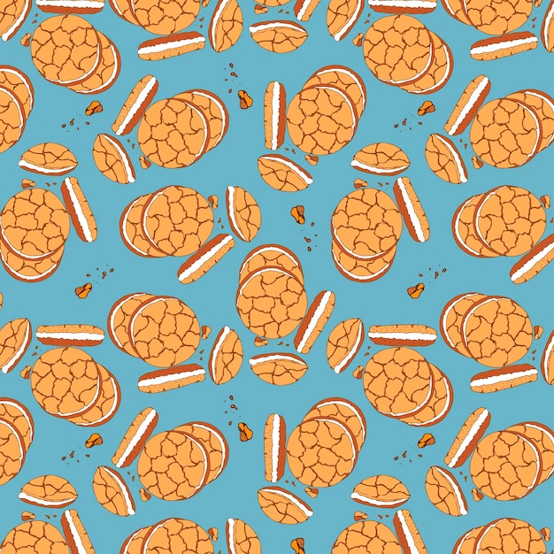 Pattern cookies with filling and biscuit crumbs on  blue background, hand drawn doodle drawing.