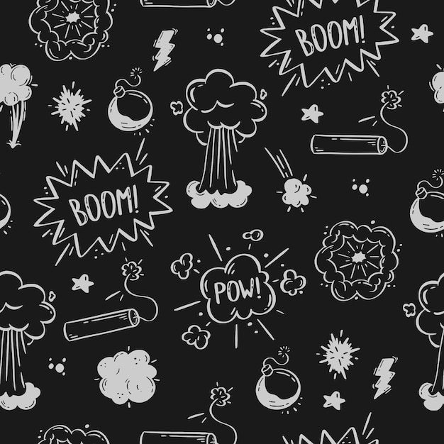 Pattern cosmic explosion and bombs Speech bubbles with the words boom boom bang Vector illustration