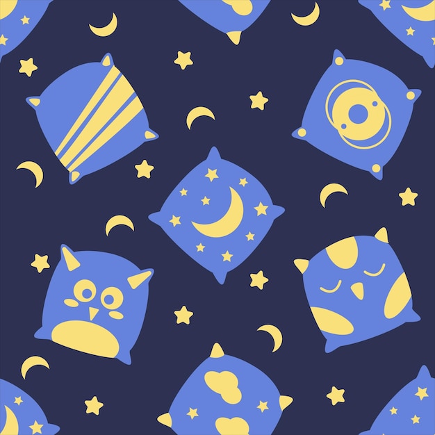 Modello di comodi cuscini in blu e giallo con stelle e luna