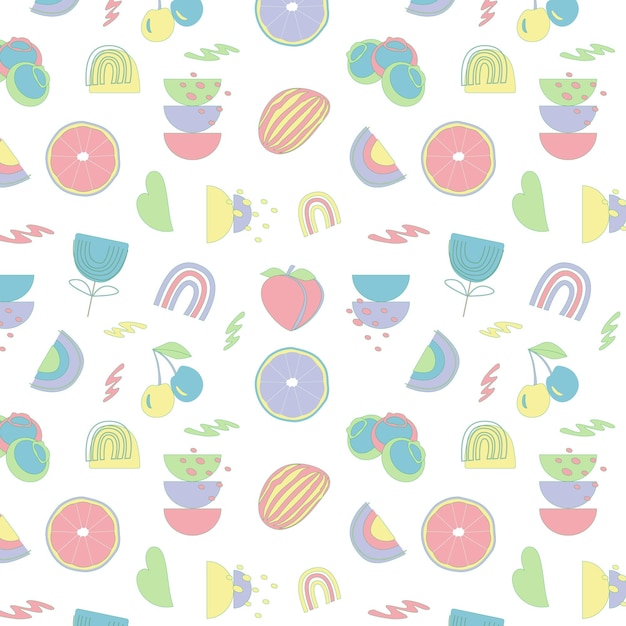 Pattern of curved shapes and fruits in pastel colors