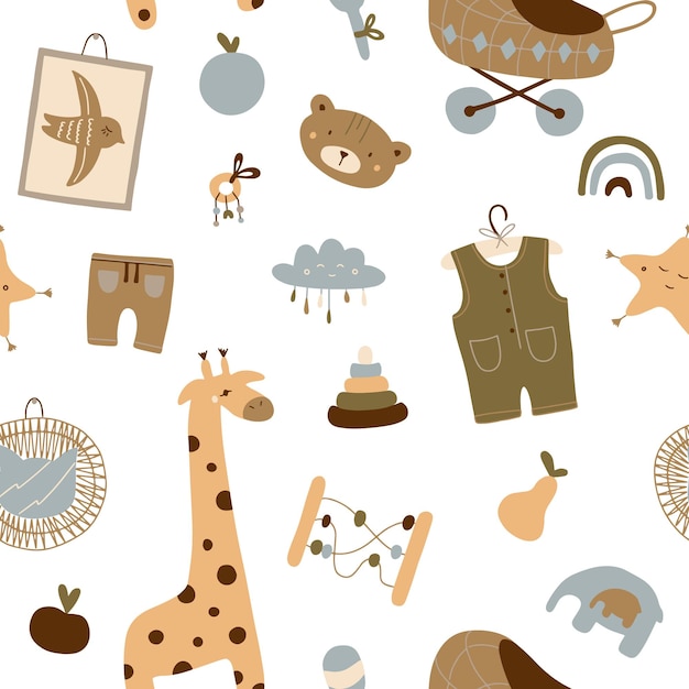 Vector a pattern of cute baby boho items in a scandinavian style cartoon kids clipart kids room decor wa