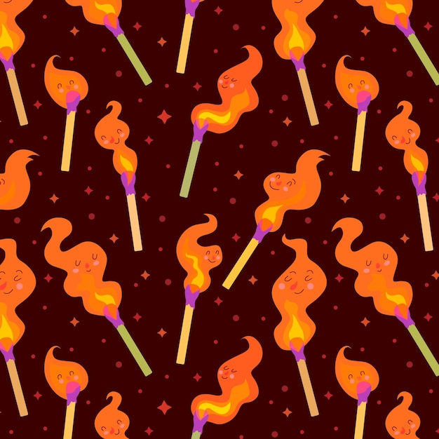 Vector pattern cute burning matches fire on a dark brown background