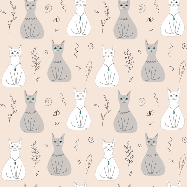 Pattern of cute cats and twigs Pets Hand drawn illustration Repeat background for wallpaper