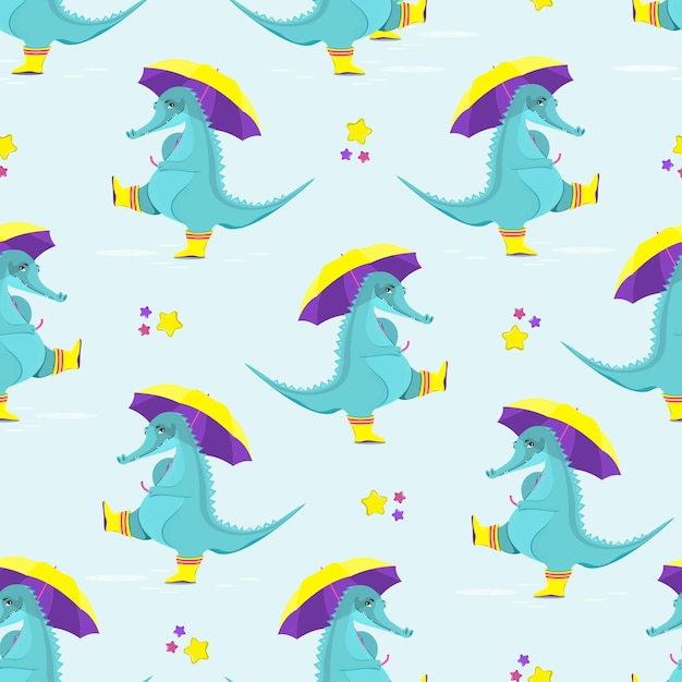 Pattern of cute crocodiles in rubber boots  with an umbrella flat vector illustration