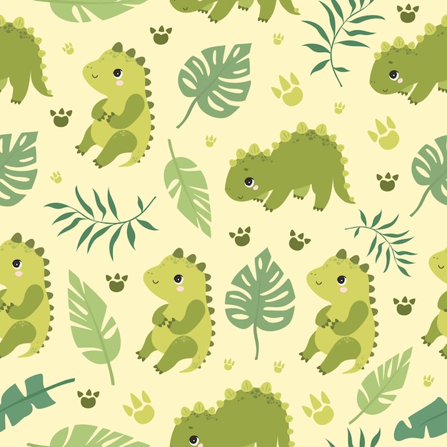 pattern cute dinosaurs and palm leaves