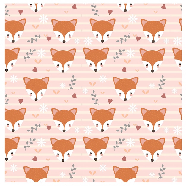 Pattern of cute fox and flowers on pink line background