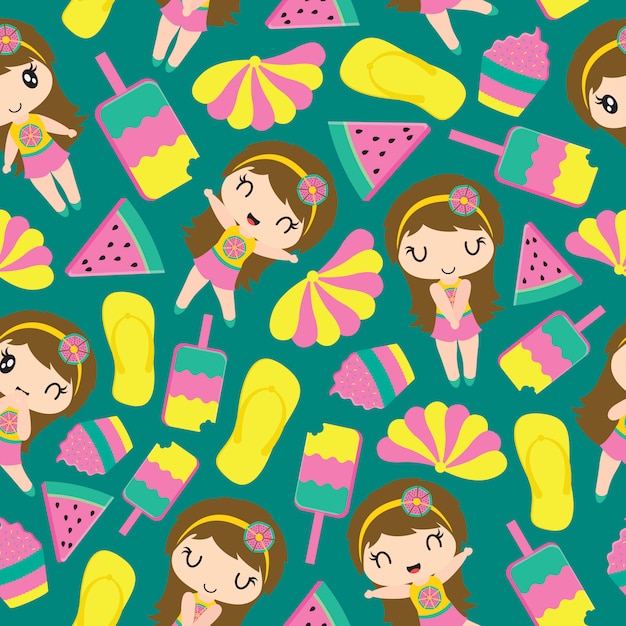 Vector pattern of cute girl and summer elements for kid wallpaper