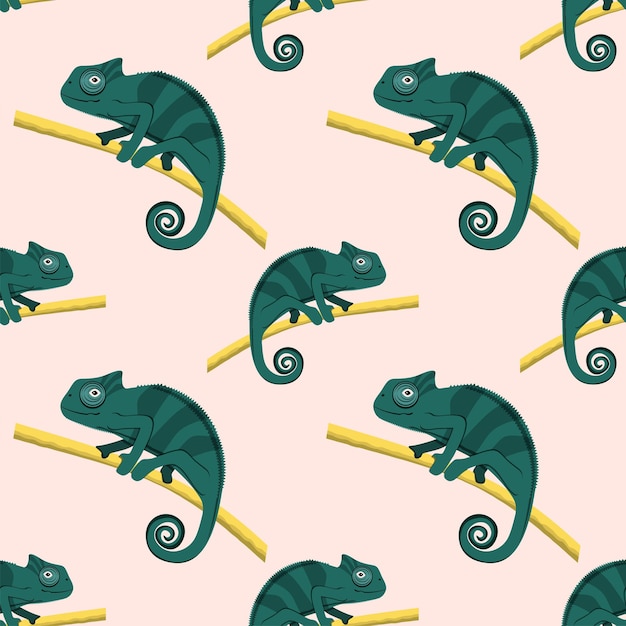 Vector pattern of cute green chameleons walking on tree branch,  vector illustration.