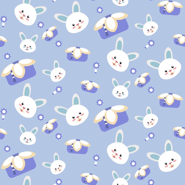 A pattern of cute hares on a blue background with traditional Korean gifts and decor in the form