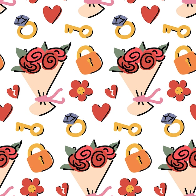 pattern of cute little stickers with stylish illustrations on the wedding theme Seamless