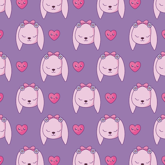 Modello di simpatici conigli con cuori in stile kawaii