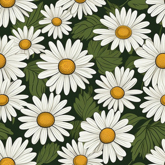 a pattern of daisies on a green background