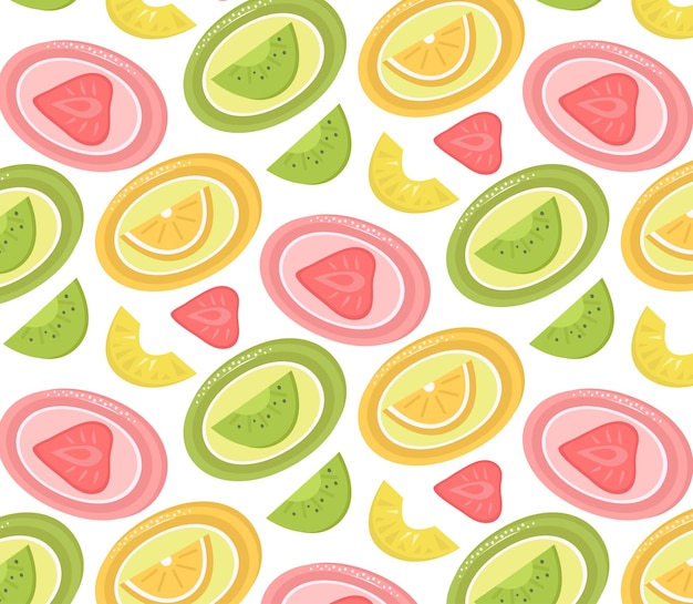 Vector pattern different mochi with strawberry, orange, pineapple, kiwi  on isolated background