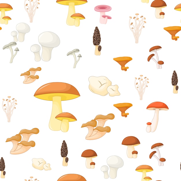 Pattern of different mushrooms on a white background.