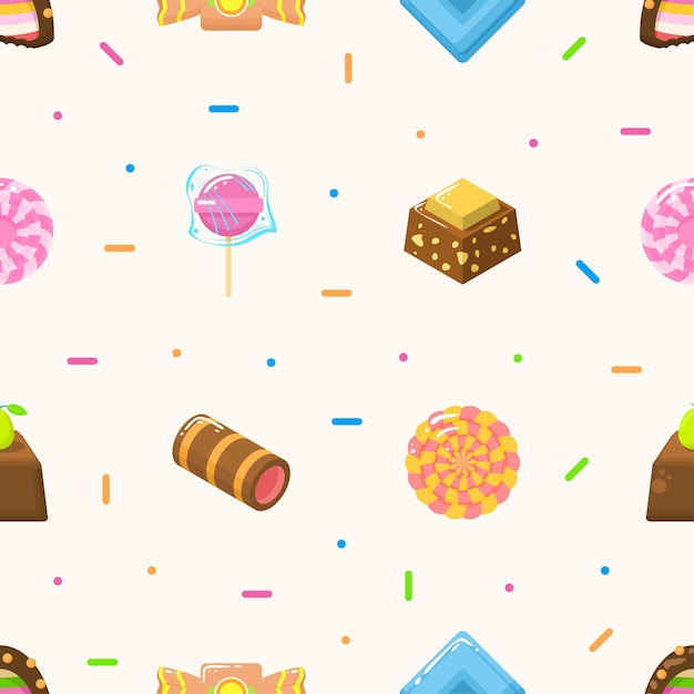 A pattern of different sweets and sweets on a white background