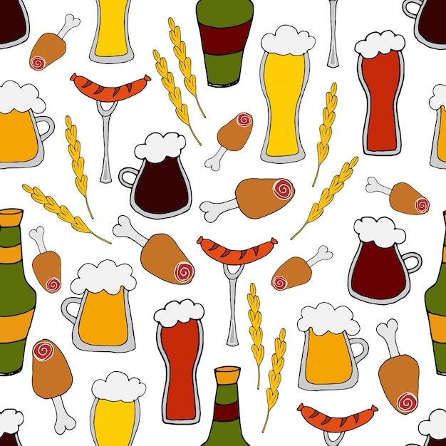 pattern different types of beer with snacks on black