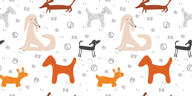 A pattern of dogs and balls with different colors.