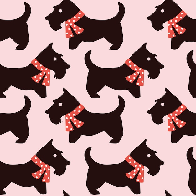 A pattern of dogs with red polka dots on a pink background.