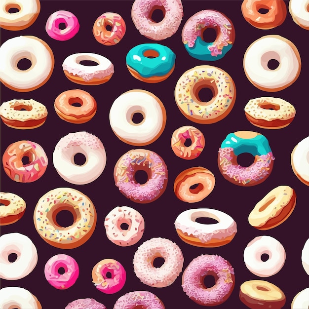 A pattern of donuts with different colors and one that says donuts.