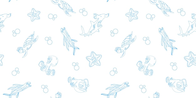 Pattern of doodle cartoon fish and animals on a white background for printing and designVector illustration