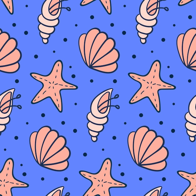 Pattern doodle from shells and star fish with dots on a blue background. Marine vector pattern