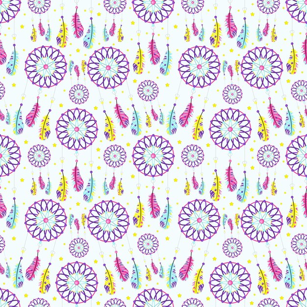 Pattern of dream catchers with feathers in boho style. vector illustration.