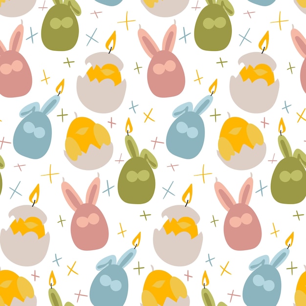 A pattern of Easter candles in the form of colored hares and chickens with shells in different color