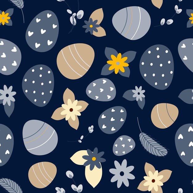 Pattern of Easter eggs and flowers and pussy willow