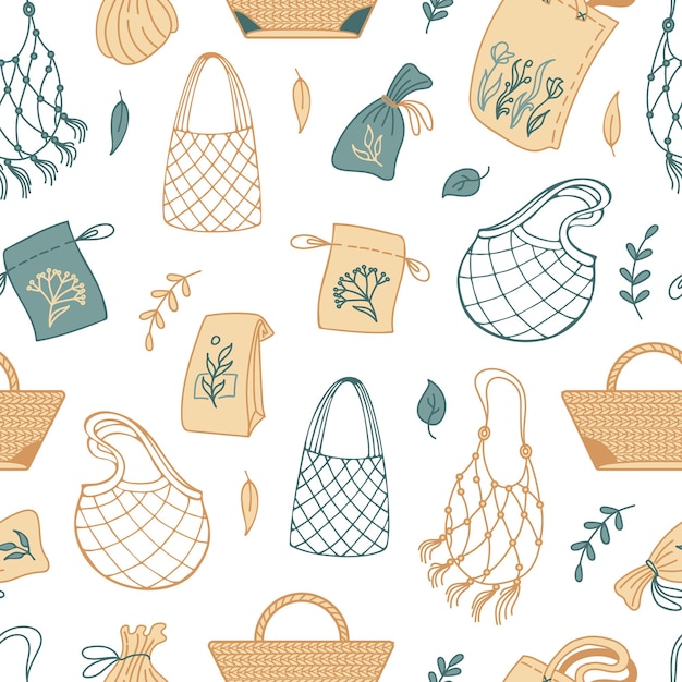 Vector pattern of eco bags shoppers fabric pouches and a wicker bag with a natural composition floral print zero waste caring for nature no plastic for wallpaper fabric wrapping background