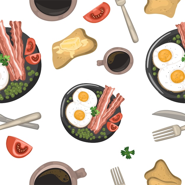 Vector pattern english breakfast of scrambled eggs with bacon toast and coffee vector illustration in cartoon style can be used for menus recipes applications