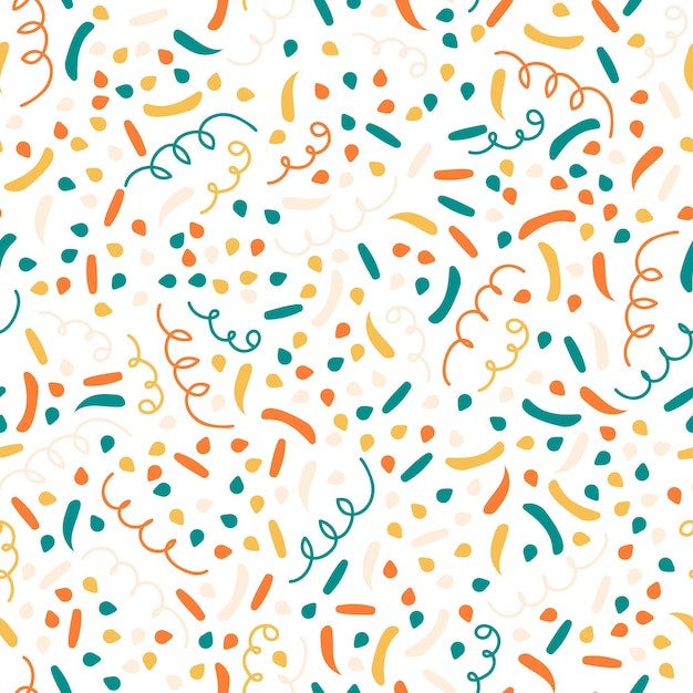 Pattern explosion of confetti and crackers on white background Bright decorations for party holiday