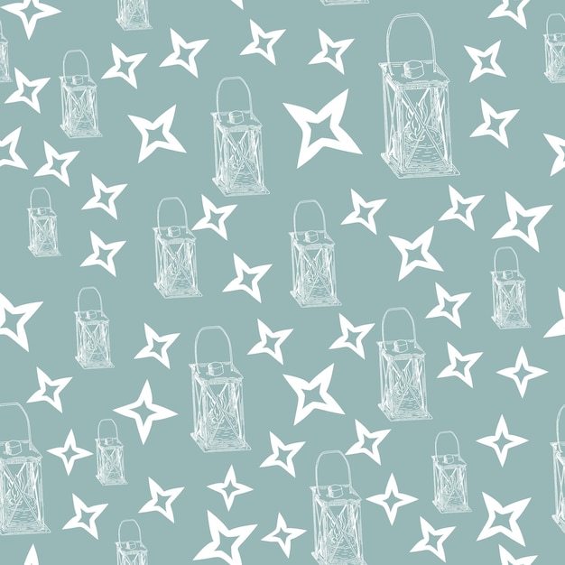 Pattern for fabrics with vintage kerosene lamps or lamps on colored background