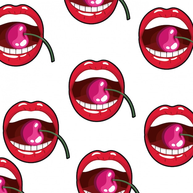 Vector pattern female mouth dripping with cherry