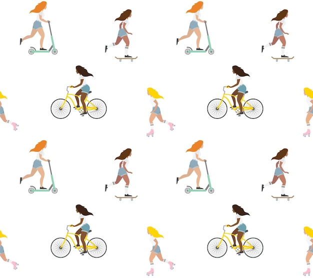 Pattern of flat women with surf, skate, scooter