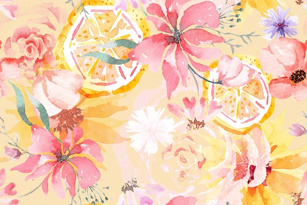 花、生地と壁紙の水彩画とレモンのパターン。植物、花の背景