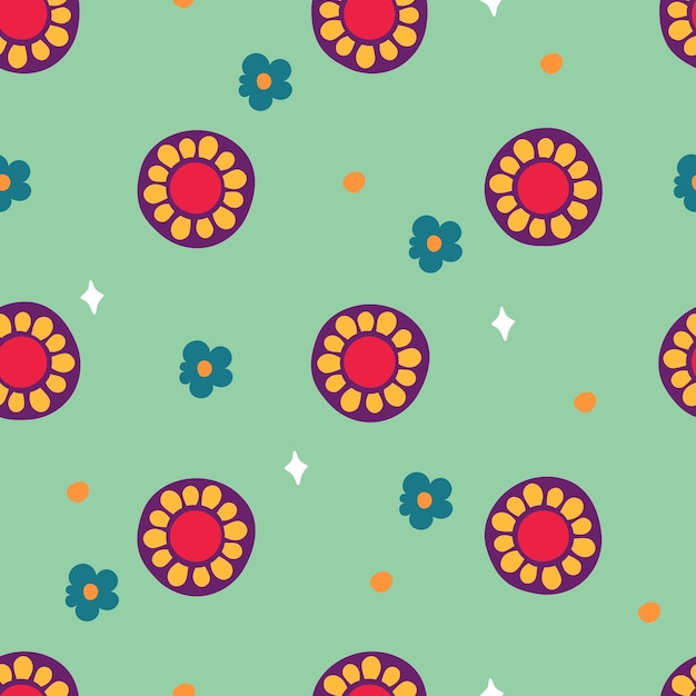 A pattern of flowers in the retro style of the 70s Good vibes multicolored picture Vector