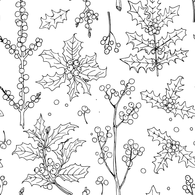 Vector pattern flowers vector line drawing christmas decor drawn by a black line on a white background winter berries mistletoe holly