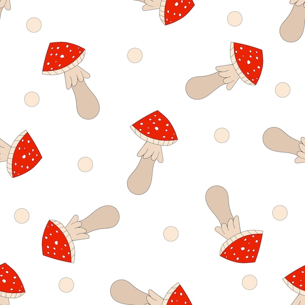 Pattern of fly agarics and circles in style of doodles on white background