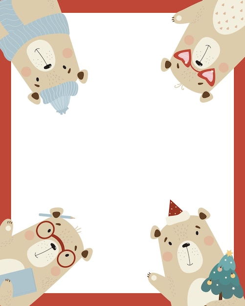 Pattern frame with cute bears Funny animals bear with Christmas tree in glasses in winter hat