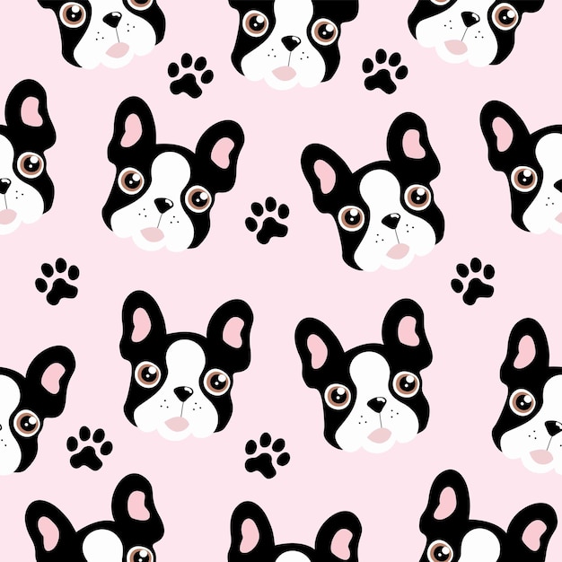 A pattern of french bulldogs with a paw print on a pink background