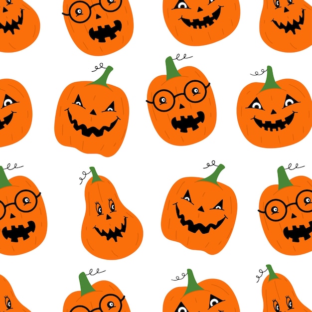 Vector a pattern from a set of halloween pumpkins with funny faces. cartoon style