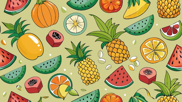 a pattern of fruits and nuts on a green background